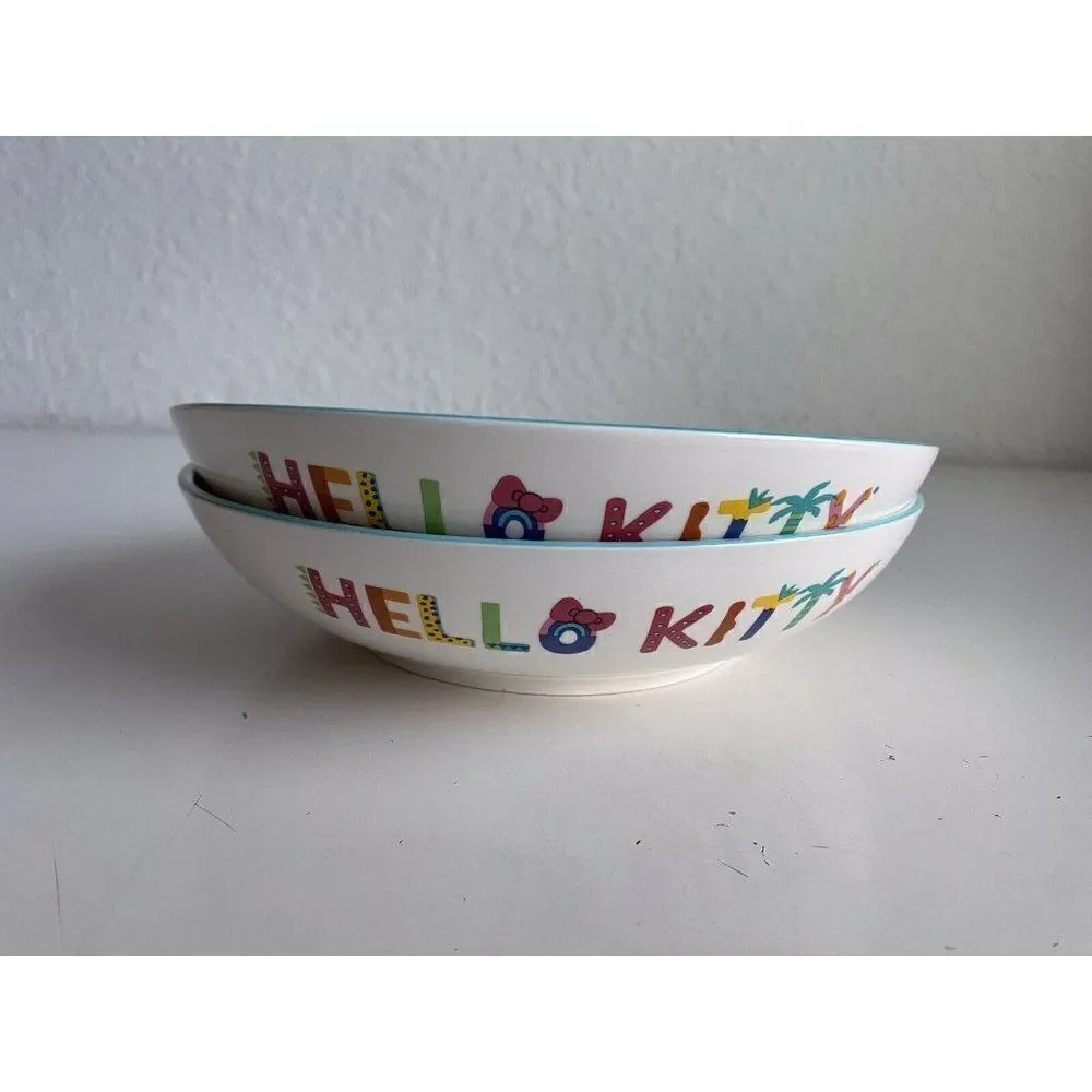 Set Of 2 Sanrio Hello Kitty Beach Summer Tropical Ceramic Pasta Dinner Bowls NEW
